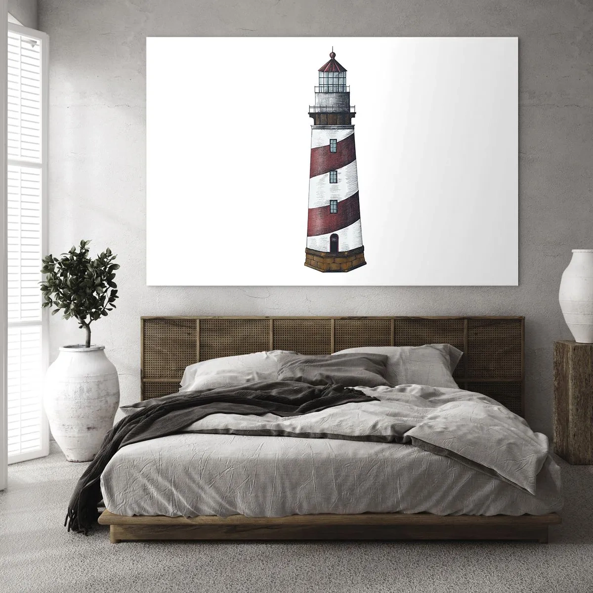 Cuadro sobre vidrio - Impresiones sobre Vidrio - Faro rojo y blanco sobre fondo blanco. - 70x50cm - Siempre en guardia - Decoración de pared moderna para salón y dormitorio ARTTOR