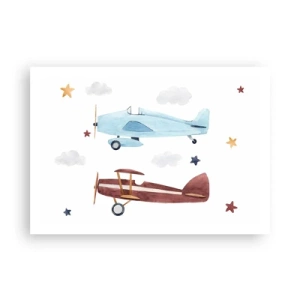 Póster - Aviones pintados a mano sobre un fondo de nubes y estrellas. - 100x70cm - ¡Piloto, estamos esperando! - Decoración de pared moderna para salón y dormitorio ARTTOR