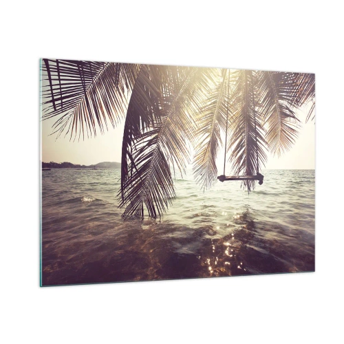 Cuadro sobre vidrio - Impresiones sobre Vidrio - Una playa con palmeras y un columpio sobre un mar en calma. - 100x70cm - Columpiar la imaginación - Decoración de pared moderna para salón y dormitorio ARTTOR