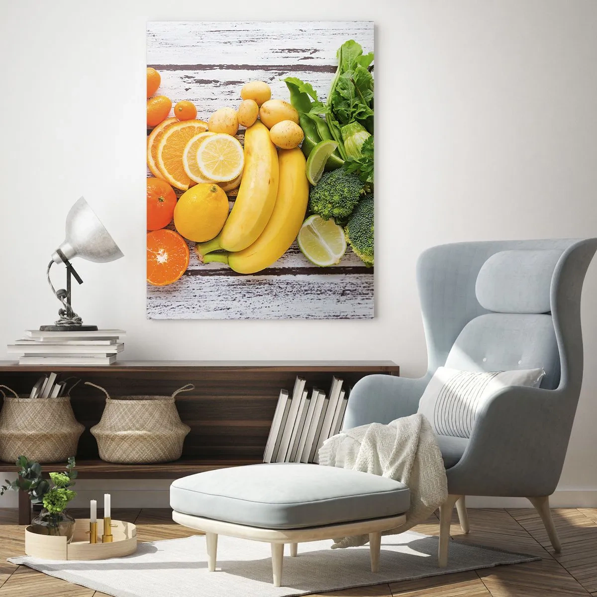 Cuadro sobre vidrio - Impresiones sobre Vidrio - Frutas y verduras coloridas sobre un fondo de madera - 70x100cm - ¿No es suficiente? - Decoración de pared moderna para salón y dormitorio ARTTOR