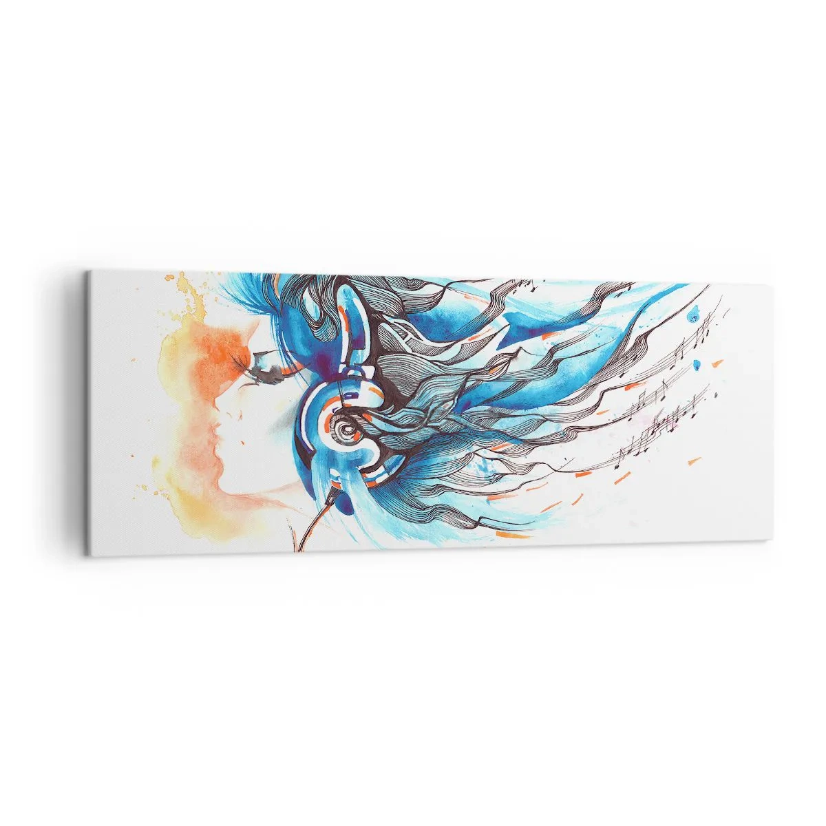 Cuadro sobre lienzo - Impresión de Imagen - Gráfico artístico de una mujer con auriculares con acentos musicales. - 140x50cm - Que suene la música - Decoración de pared moderna para salón y dormitorio ARTTOR