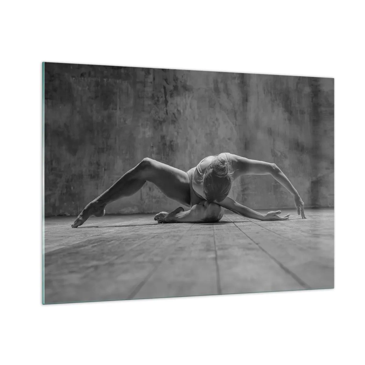 Cuadro sobre vidrio - Impresiones sobre Vidrio - Bailarina en pose en el suelo. - 100x70cm - Simetría encontrada - Decoración de pared moderna para salón y dormitorio ARTTOR
