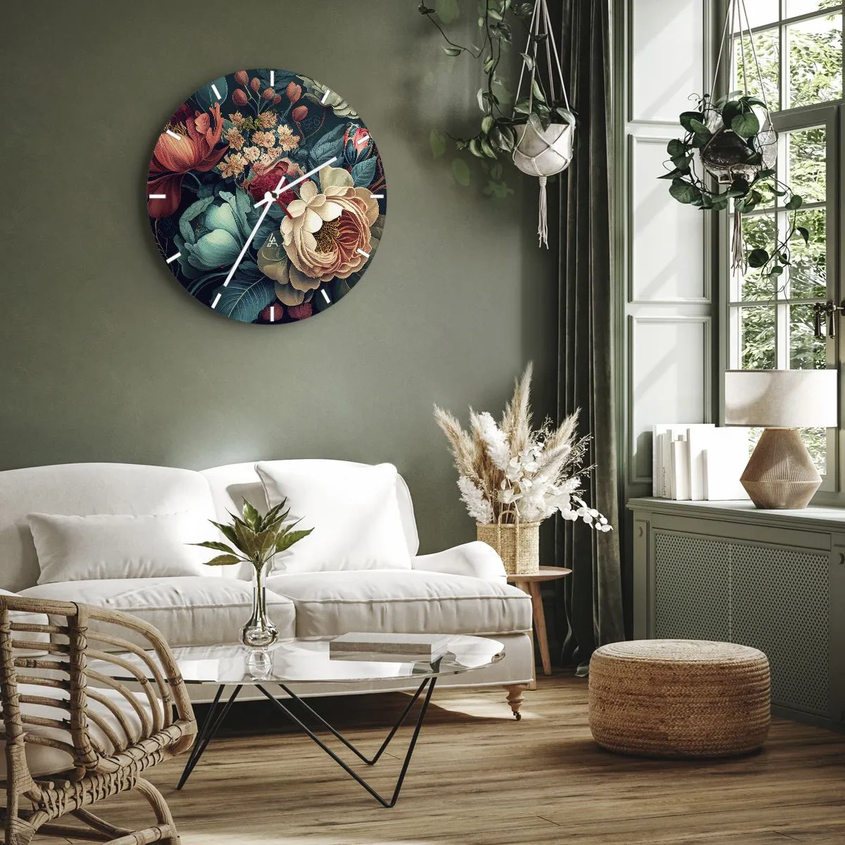 Reloj de pared - Reloj de vidrio - Patrón floral con grandes flores en tonos pastel y burdeos. - 30x30cm - Encanto del siglo XIX - Decoración de pared moderna para salón, cocina y dormitorio ARTTOR