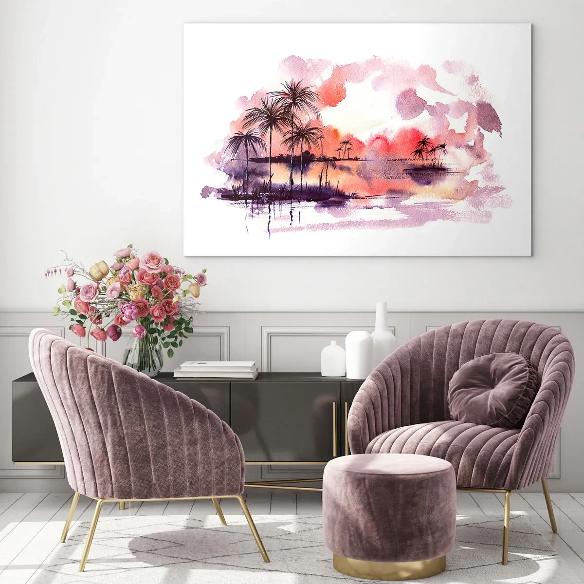 Cuadro sobre vidrio - Impresiones sobre Vidrio - Paisaje tropical al atardecer en acuarela - 70x50cm - La calma de los trópicos en rojo - Decoración de pared moderna para salón y dormitorio ARTTOR