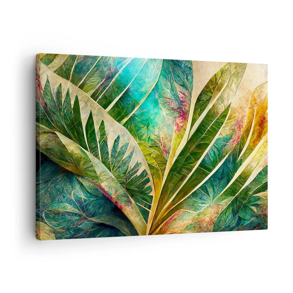 Cuadro sobre lienzo - Impresión de Imagen - Hojas tropicales coloridas sobre un fondo claro - 70x50cm - Los colores del trópico - Decoración de pared moderna para salón y dormitorio ARTTOR