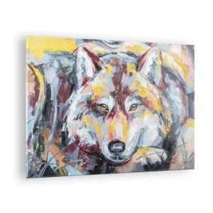 Cuadro sobre vidrio - Impresiones sobre Vidrio - Retrato colorido de un lobo en estilo expresionista. - 70x50cm - Pinceladas de lobo - Decoración de pared moderna para salón y dormitorio ARTTOR