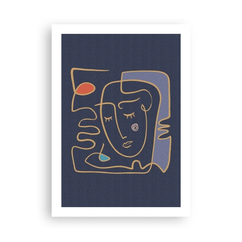 Póster - Rostro abstracto minimalista sobre un fondo azul marino en estilo de arte lineal. - 50x70cm - En un maravilloso sueño - Decoración de pared moderna para salón y dormitorio ARTTOR