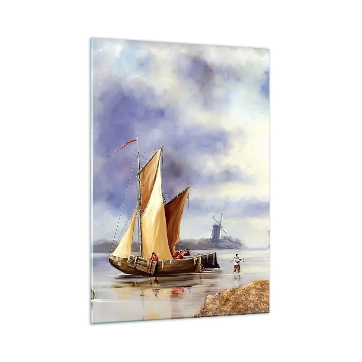 Cuadro sobre vidrio - Impresiones sobre Vidrio - Veleros en un lago tranquilo con molinos de viento al fondo - 50x70cm - El regreso de los marineros - Decoración de pared moderna para salón y dormitorio ARTTOR