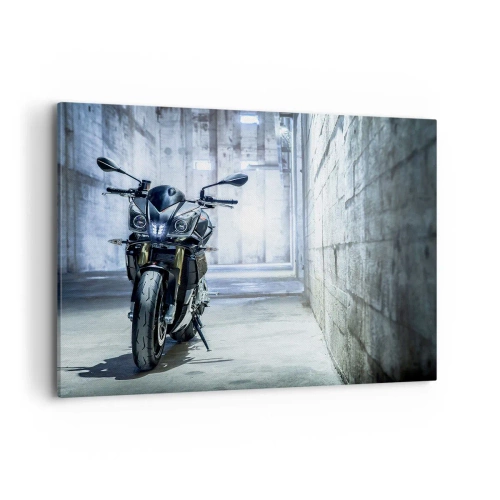 Cuadro sobre lienzo - Impresión de Imagen - Una motocicleta moderna en un interior industrial. - 100x70cm - Antes de que el motor ruja - Decoración de pared moderna para salón y dormitorio ARTTOR