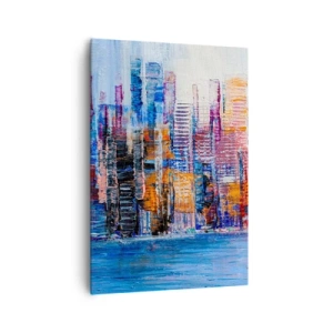 Cuadro sobre lienzo - Impresión de Imagen - Un panorama colorido de la ciudad con reflejos en el agua. - 70x100cm - Una metrópoli alegre - Decoración de pared moderna para salón y dormitorio ARTTOR