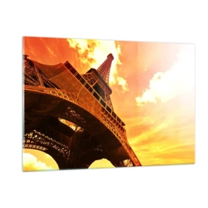 Cuadro sobre vidrio - Impresiones sobre Vidrio - La Torre Eiffel en cálidos tonos naranjas al atardecer - 120x80cm - Monumental, dorado por el sol - Decoración de pared moderna para salón y dormitorio ARTTOR