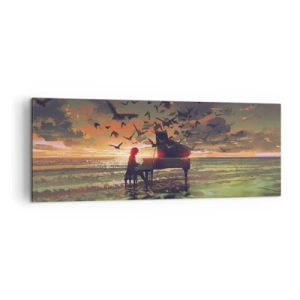 Cuadro sobre lienzo - Impresión de Imagen - Un piano en la orilla del mar al atardecer con pájaros. - 140x50cm - Concierto de piano y olas - Decoración de pared moderna para salón y dormitorio ARTTOR