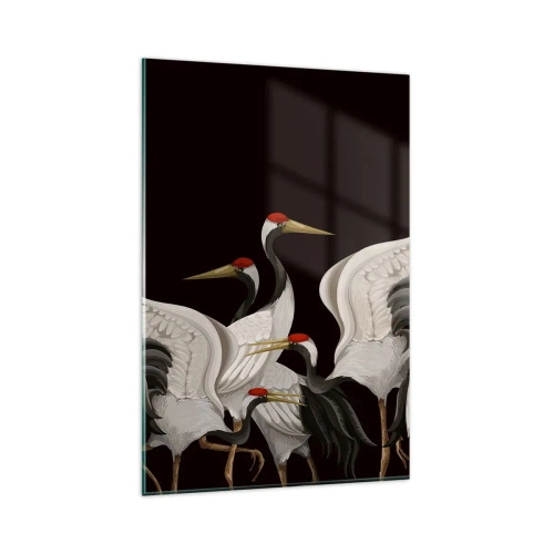 Cuadro sobre vidrio - Impresiones sobre Vidrio - Grúas blancas con acentos rojos sobre fondo negro - 80x120cm - Asuntos de aves - Decoración de pared moderna para salón y dormitorio ARTTOR