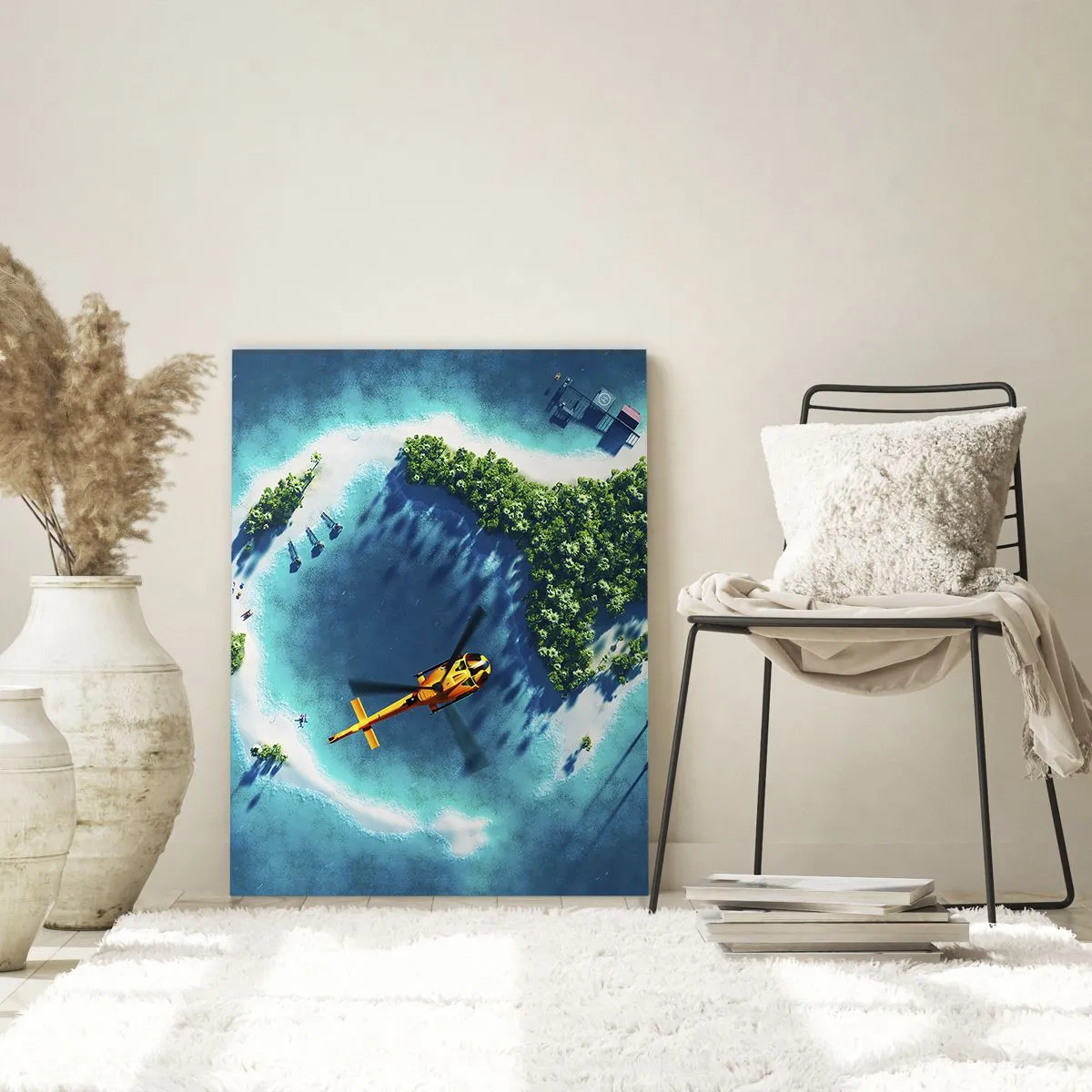 Cuadro sobre vidrio - Impresiones sobre Vidrio - Una isla tropical rodeada de agua turquesa con un helicóptero a la vista. - 70x100cm - Cómprate una isla - Decoración de pared moderna para salón y dormitorio ARTTOR
