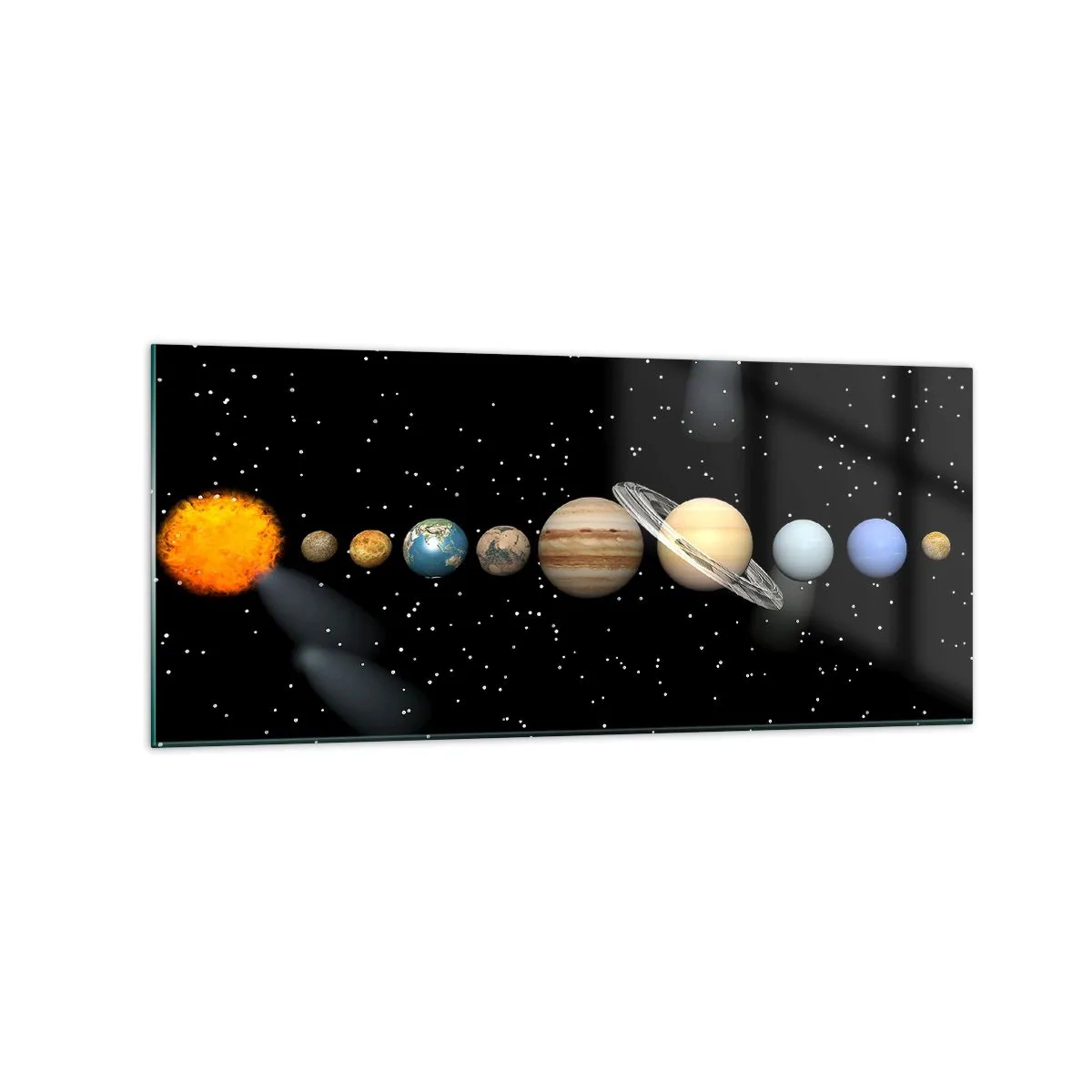 Cuadro sobre vidrio - Impresiones sobre Vidrio - El sistema solar con planetas sobre un fondo de estrellas en el espacio. - 120x50cm - Los planetas en armonía - Decoración de pared moderna para salón y dormitorio ARTTOR