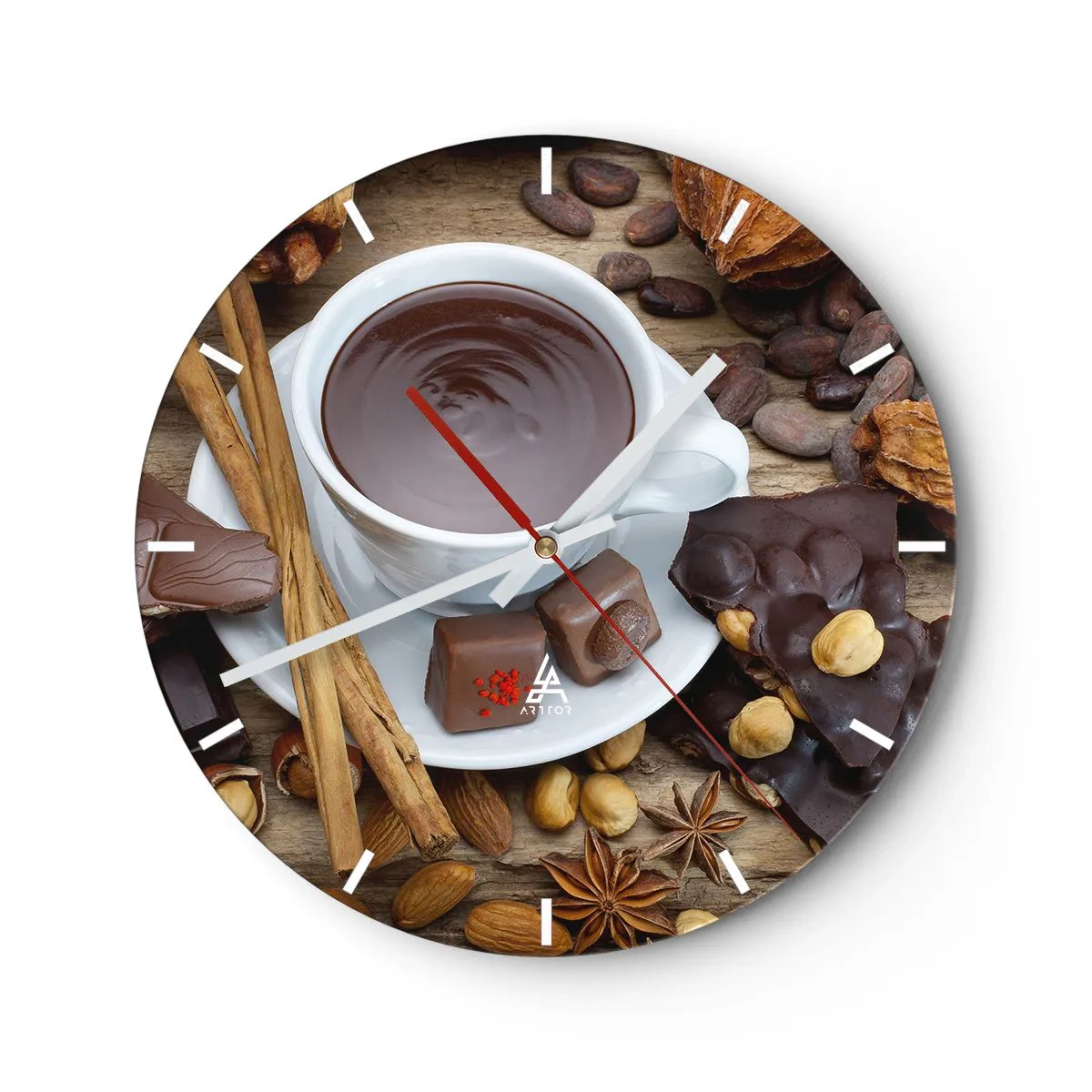 Reloj de pared - Reloj de vidrio - Una taza de chocolate caliente con aderezos sobre un fondo de madera. - 30x30cm - Chocolate de ensueño - Decoración de pared moderna para salón, cocina y dormitorio ARTTOR