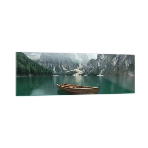 Cuadro sobre vidrio - Impresiones sobre Vidrio - Un barco de madera en un muelle en un lago rodeado de montañas. - 160x50cm - Paisaje inolvidable - Decoración de pared moderna para salón y dormitorio ARTTOR