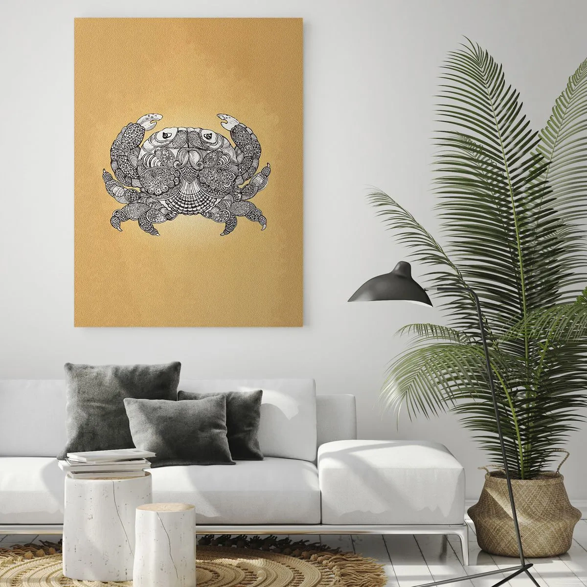 Cuadro sobre vidrio - Impresiones sobre Vidrio - Dibujo decorativo de un cangrejo sobre fondo dorado. - 70x100cm - Cuentos del Sr. Cangrejo - Decoración de pared moderna para salón y dormitorio ARTTOR