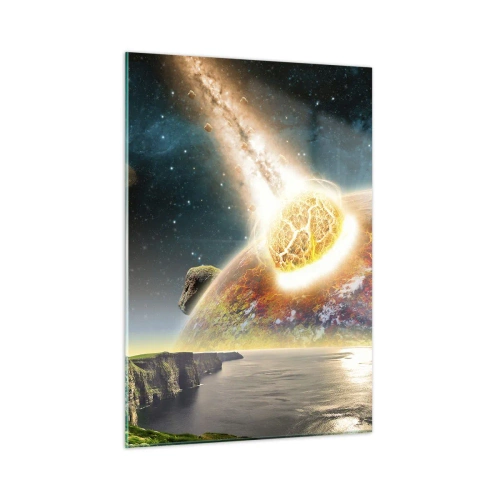 Cuadro sobre vidrio - Impresiones sobre Vidrio - Un meteorito choca con un planeta en el espacio. - 50x70cm - Drama cósmico - Decoración de pared moderna para salón y dormitorio ARTTOR