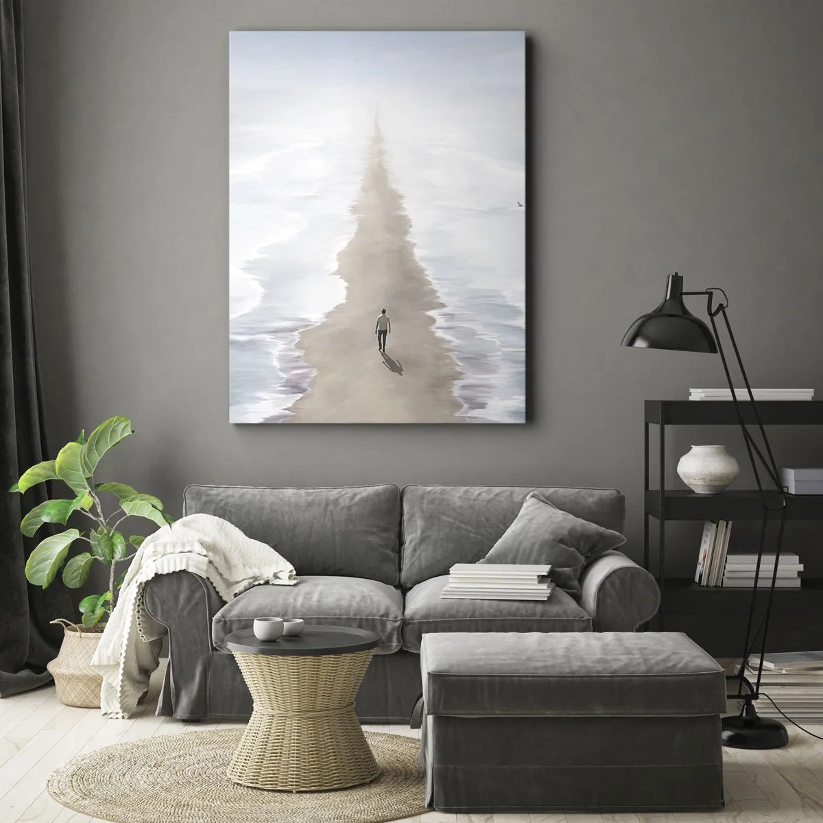 Cuadro sobre lienzo - Impresión de Imagen - Una figura en un camino solitario en medio de un vasto paisaje acuático. - 50x70cm - Un futuro brillante - Decoración de pared moderna para salón y dormitorio ARTTOR