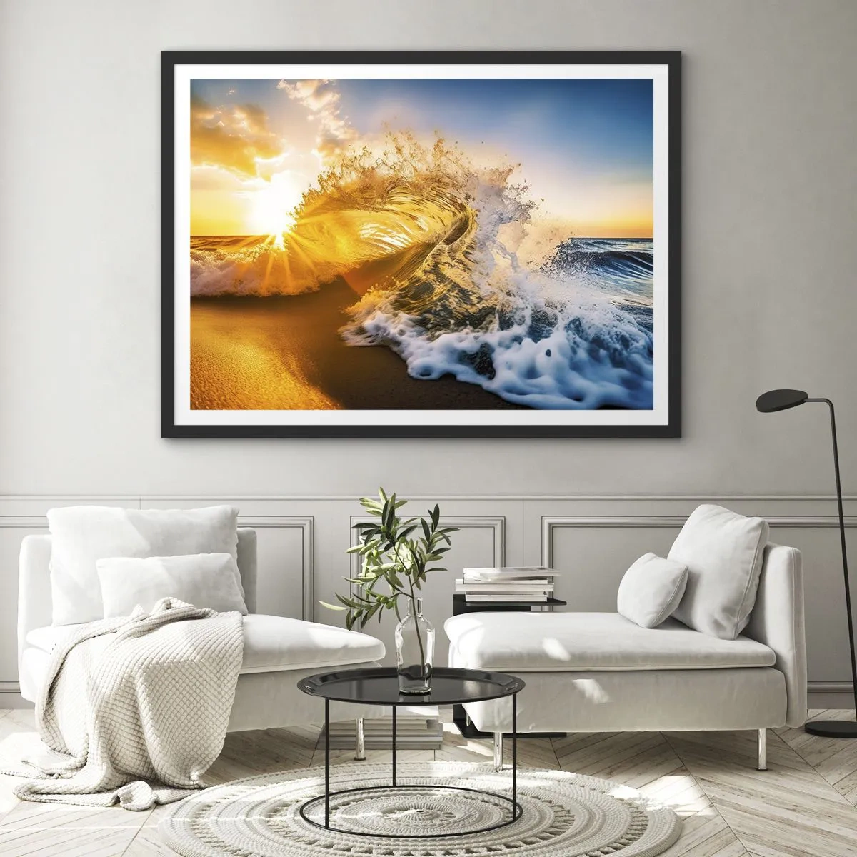 Póster en marco negro - Una ola dorada con el sol poniente como telón de fondo. - 70x50cm - Jugando en la arena - Decoración de pared moderna para salón y dormitorio ARTTOR