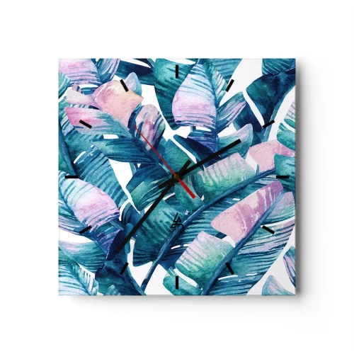 Reloj de pared - Reloj de vidrio - Hojas de plátano en tonos azules y rosas. - 30x30cm - En una plantación de plátanos - Decoración de pared moderna para salón y dormitorio ARTTOR