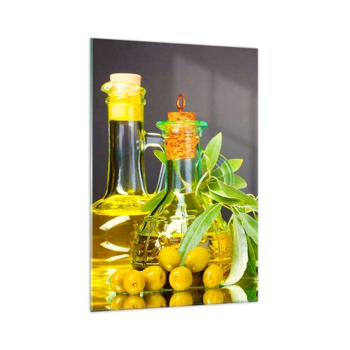Cuadro sobre vidrio - Impresiones sobre Vidrio - Botellas de aceite de oliva y ramas de olivo - 70x100cm - Bodegón con aceitunas y aceite - Decoración de pared moderna para salón y dormitorio ARTTOR