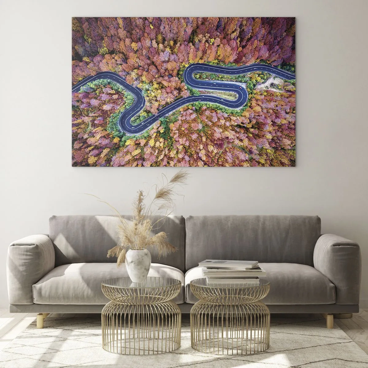 Cuadro sobre vidrio - Impresiones sobre Vidrio - Una vista de pájaro de un camino sinuoso entre coloridos árboles otoñales. - 120x80cm - Un camino sinuoso a través del bosque - Decoración de pared moderna para salón y dormitorio ARTTOR