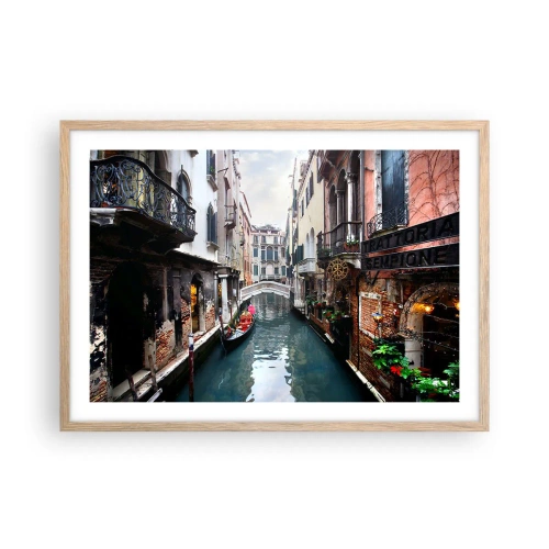 Póster en marco roble claro - Paisaje veneciano con góndola y puente - 70x50 cm
