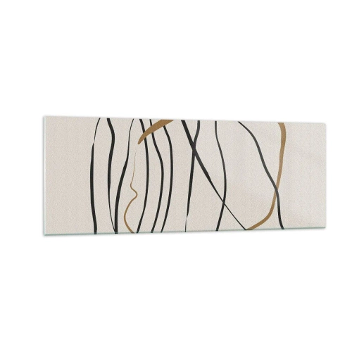 Cuadro sobre vidrio - Impresiones sobre Vidrio - Líneas artísticas en negro y dorado sobre un fondo claro. - 140x50cm - Composición: danza lineal - Decoración de pared moderna para salón y dormitorio ARTTOR