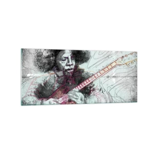 Cuadro sobre vidrio - Impresiones sobre Vidrio - Retrato artístico de un guitarrista en la técnica del boceto. - 120x50cm - Volando con la música - Decoración de pared moderna para salón y dormitorio ARTTOR