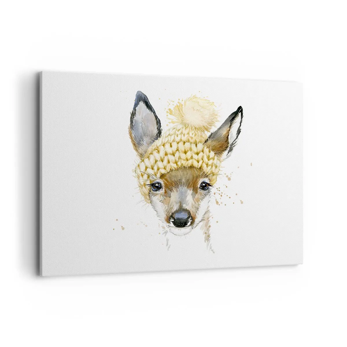 Cuadro sobre lienzo - Impresión de Imagen - Ciervo de acuarela con gorra amarilla - 100x70cm - Para el invierno en un bosque nevado - Decoración de pared moderna para salón y dormitorio ARTTOR