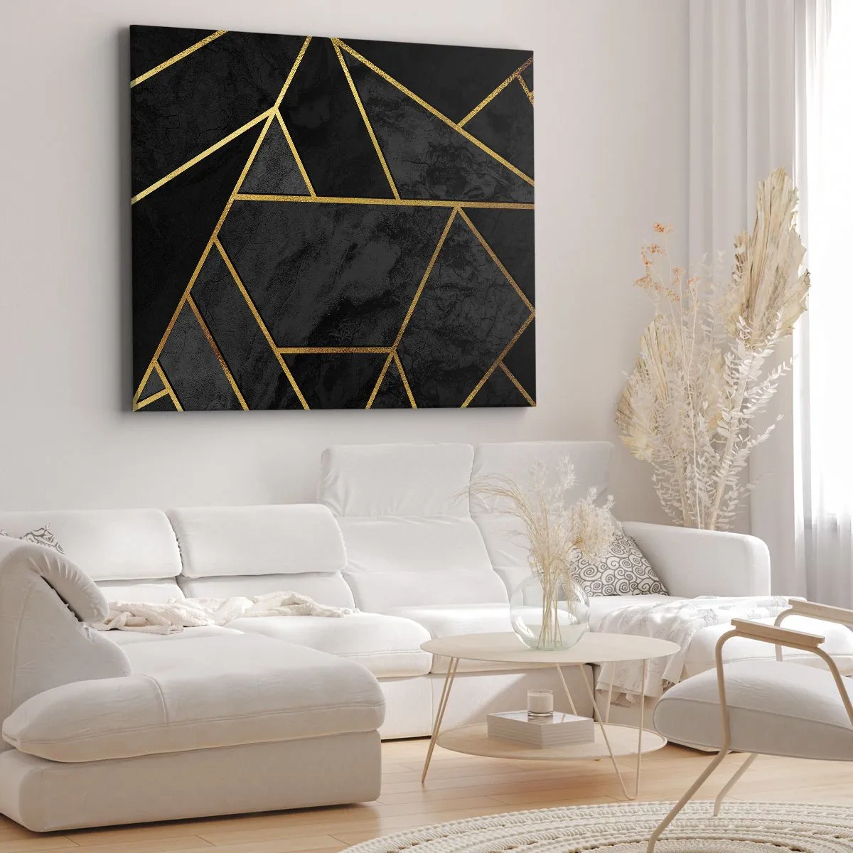Cuadro sobre lienzo - Impresión de Imagen - Patrón geométrico dorado sobre fondo negro - 70x50cm - Oscuridad y brillo - Decoración de pared moderna para salón y dormitorio ARTTOR