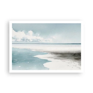 Póster - Un mar tranquilo y una playa en tonos claros de azul. - 100x70cm - Suave marea otoñal - Decoración de pared moderna para salón y dormitorio ARTTOR