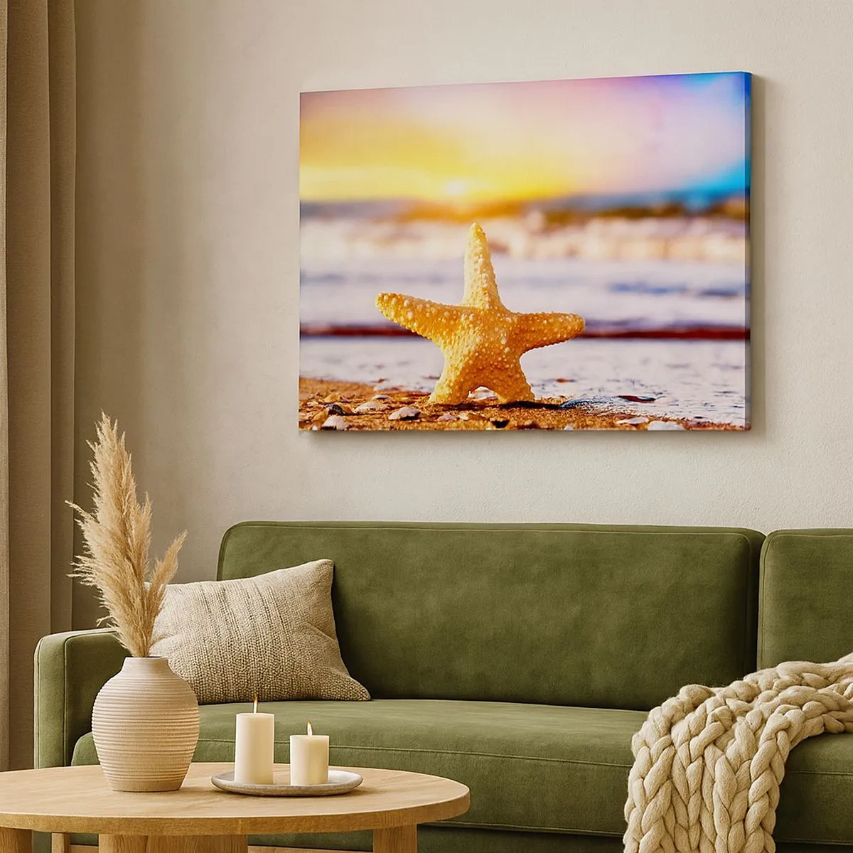 Cuadro sobre lienzo - Impresión de Imagen - Una estrella de mar en una playa de arena bajo el resplandor del sol poniente. - 70x50cm - Regalo del mar - Decoración de pared moderna para salón y dormitorio ARTTOR