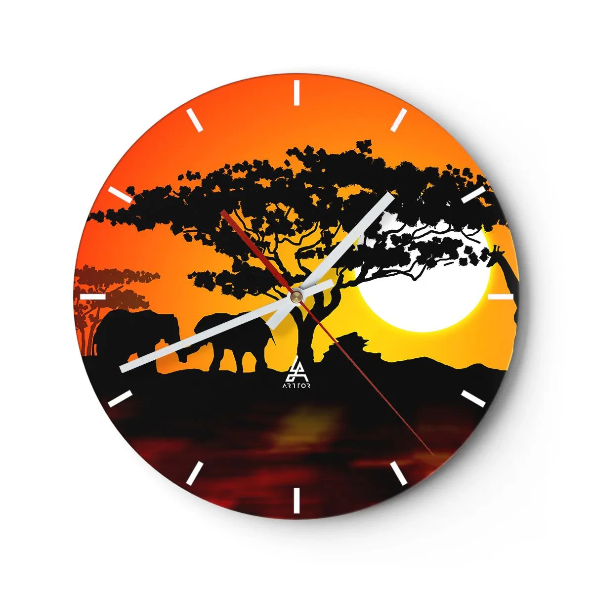 Reloj de pared - Reloj de vidrio - Paisaje africano con siluetas de árboles y animales al atardecer. - 30x30cm - Reunión en la sabana - Decoración de pared moderna para salón, cocina y dormitorio ARTTOR