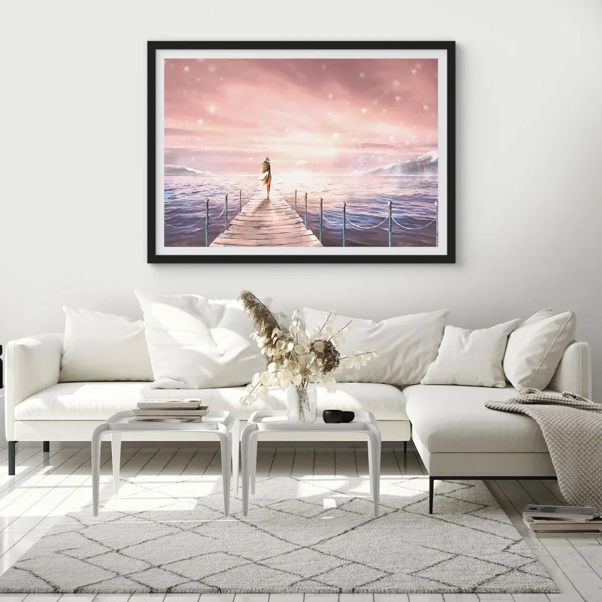 Póster en marco negro - Una mujer en un embarcadero en un entorno mágico de puesta de sol. - 70x50cm - A la luz de un sueño - Decoración de pared moderna para salón y dormitorio ARTTOR