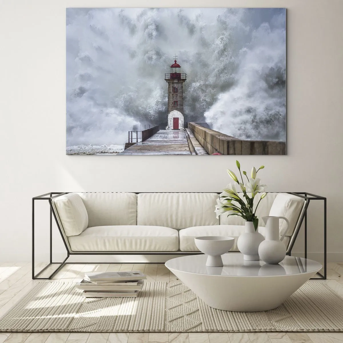 Cuadro sobre vidrio - Impresiones sobre Vidrio - Un faro es golpeado por una poderosa ola. - 120x80cm - El rugido de las aguas, la fuerza del viento - Decoración de pared moderna para salón y dormitorio ARTTOR