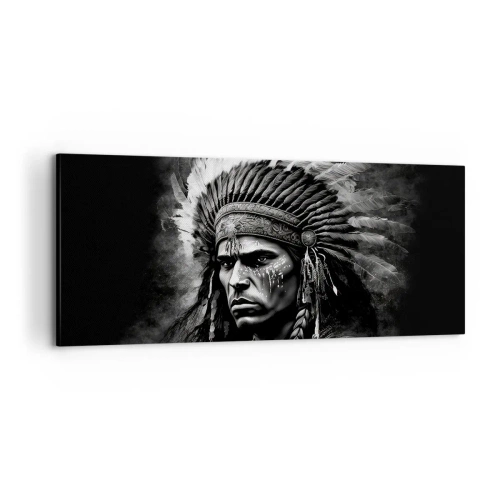Cuadro sobre lienzo - Impresión de Imagen - Retrato de un jefe con un tocado de plumas sobre un fondo negro - 120x50cm - Líder y guerrero - Decoración de pared moderna para salón y dormitorio ARTTOR