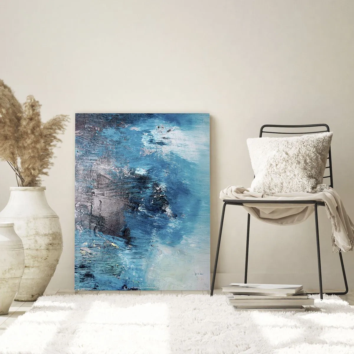 Cuadro sobre vidrio - Impresiones sobre Vidrio - Composición abstracta en tonos azules - 50x70cm - Rapsodia celeste - Decoración de pared moderna para salón y dormitorio ARTTOR