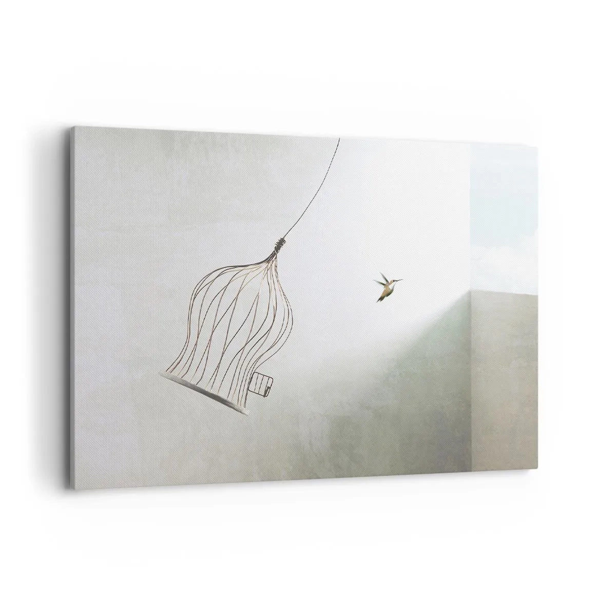 Cuadro sobre lienzo - Impresión de Imagen - Un pájaro liberado de una jaula con el cielo brillante como telón de fondo. - 100x70cm - Aquí debo estar - Decoración de pared moderna para salón y dormitorio ARTTOR