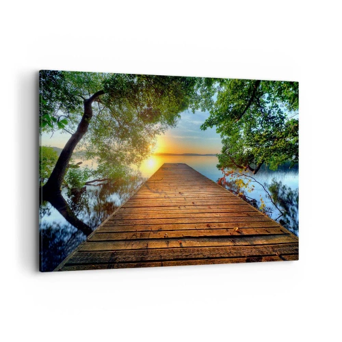 Cuadro sobre lienzo - Impresión de Imagen - Un muelle de madera rodeado de vegetación durante la puesta de sol. - 100x70cm - Tómate tu tiempo, siéntate - Decoración de pared moderna para salón y dormitorio ARTTOR