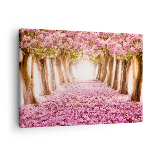 Cuadro sobre lienzo - Impresión de Imagen - Una avenida de árboles en flor en tonos rosa. - 70x50cm - El camino al paraíso - Decoración de pared moderna para salón y dormitorio ARTTOR
