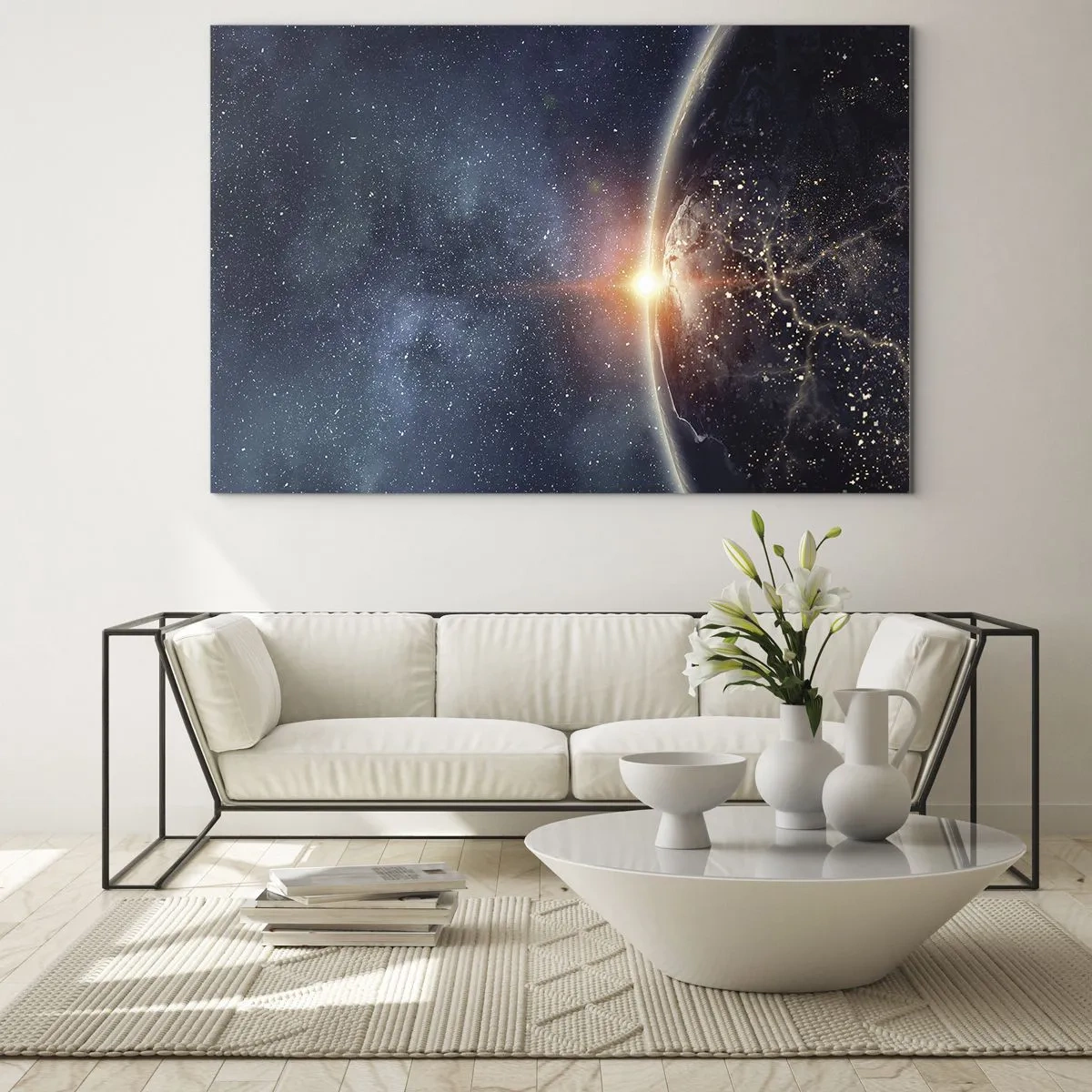 Cuadro sobre vidrio - Impresiones sobre Vidrio - La Tierra iluminada por los rayos del sol en el espacio. - 120x80cm - En una nueva perspectiva - Decoración de pared moderna para salón y dormitorio ARTTOR