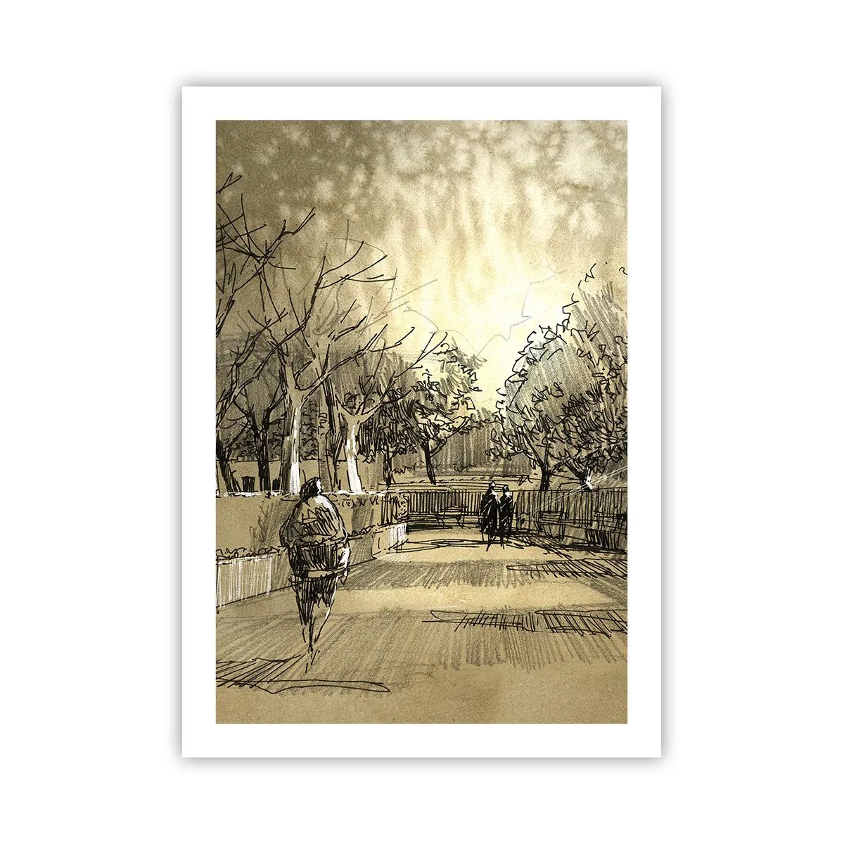 Póster - Ilustración de un parque en estilo boceto en tonos sepia - 50x70cm - Un momento hecho a pluma - Decoración de pared moderna para salón y dormitorio ARTTOR