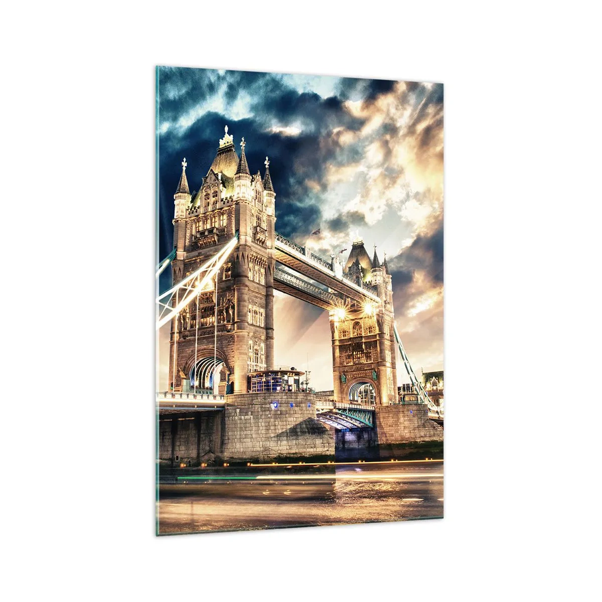 Cuadro sobre vidrio - Impresiones sobre Vidrio - El Tower Bridge al anochecer contra un cielo dinámico - 70x100cm - Un monumento a un imperio victoriano - Decoración de pared moderna para salón y dormitorio ARTTOR