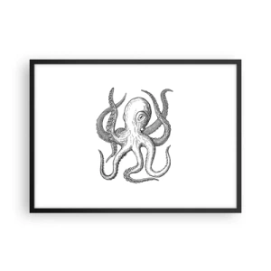 Póster en marco negro - Dibujo en blanco y negro de un pulpo sobre un fondo blanco en estilo vintage. - 70x50cm - Bailando con olas - Decoración de pared moderna para salón y dormitorio ARTTOR