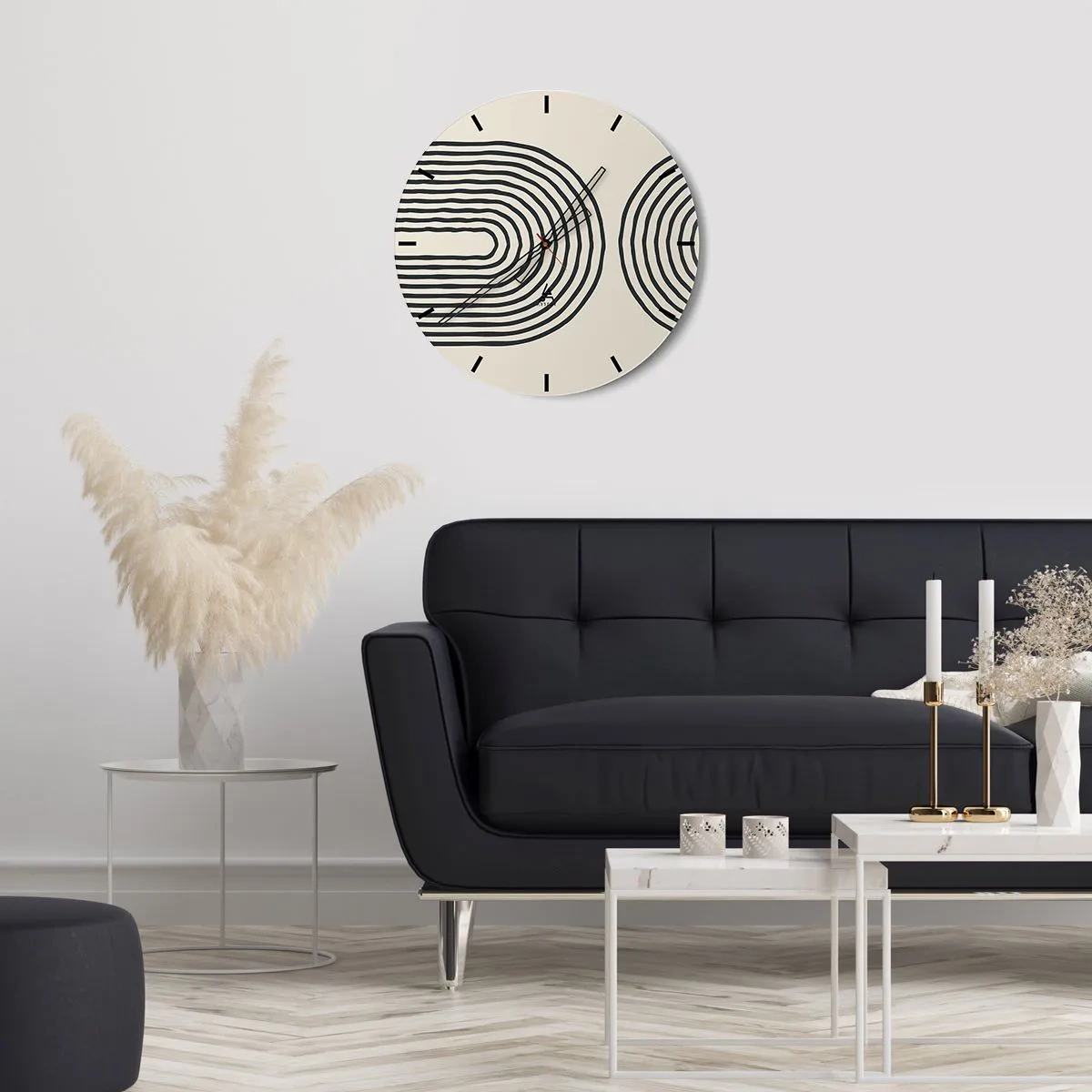 Reloj de pared - Reloj de vidrio - Líneas geométricas en forma de ondas concéntricas sobre un fondo beige. - 30x30cm - Próximamente... - Decoración de pared moderna para salón, cocina y dormitorio ARTTOR
