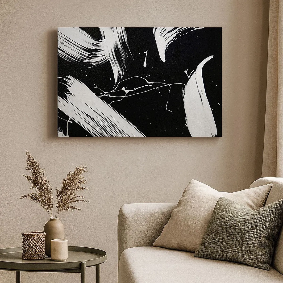 Cuadro sobre lienzo - Impresión de Imagen - Trazos blancos abstractos sobre un fondo negro - 70x50cm - Rompiendo la oscuridad - Decoración de pared moderna para salón y dormitorio ARTTOR