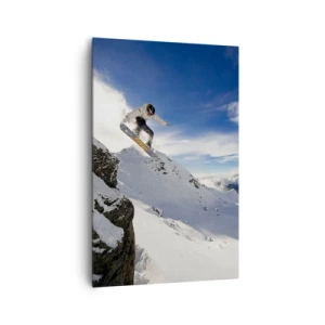 Cuadro sobre lienzo - Impresión de Imagen - Un snowboarder salta desde un acantilado con montañas cubiertas de nieve al fondo. - 80x120cm - Libertad sin fronteras - Decoración de pared moderna para salón y dormitorio ARTTOR